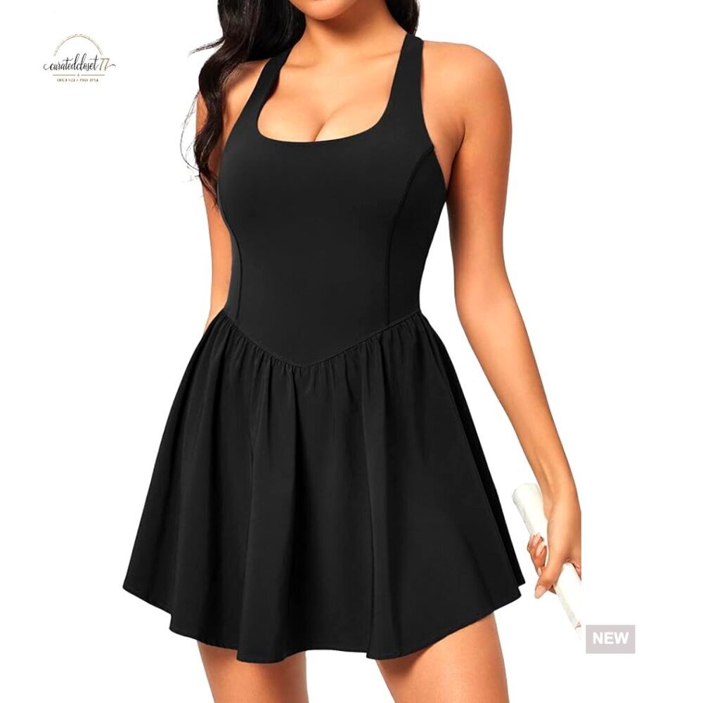Women's Tennis Dress with Built-In Shorts, Square Neck, Athletic, Fitted
